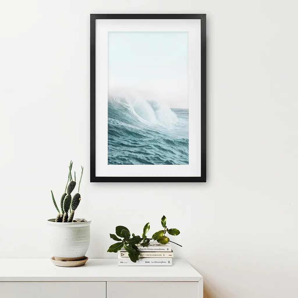 Pastel Large Blue Ocean Waves Print. Nautical Theme. Black Frame with Mat