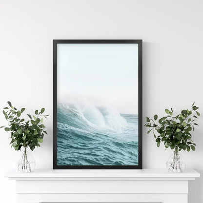 Pastel Large Blue Ocean Waves Print. Nautical Theme. Black Frame