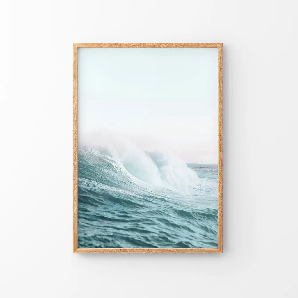 Pastel Large Blue Ocean Waves Print. Nautical Theme. Thin Wood Frame