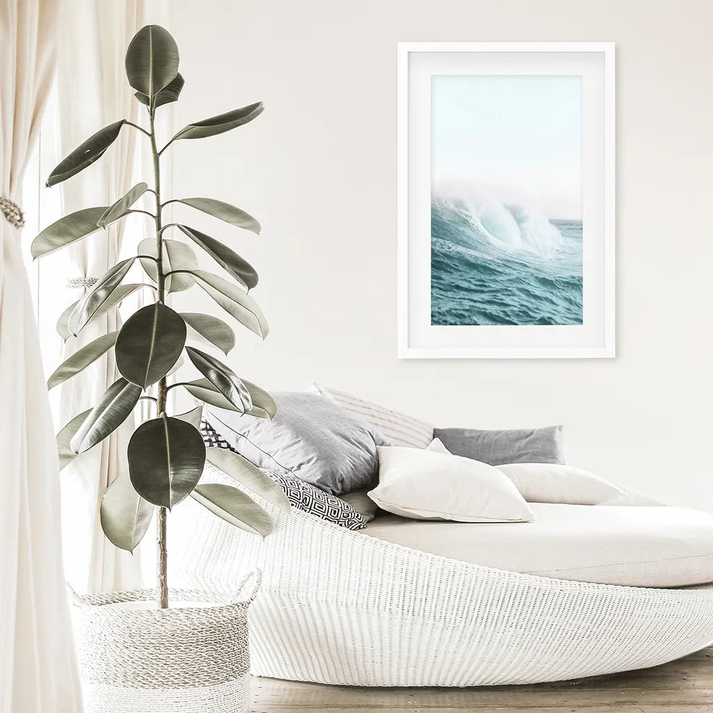 Pastel Large Blue Ocean Waves Print. Nautical Theme. White Frame with Mat