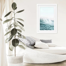 Load image into Gallery viewer, Pastel Large Blue Ocean Waves Print. Nautical Theme. White Frame with Mat
