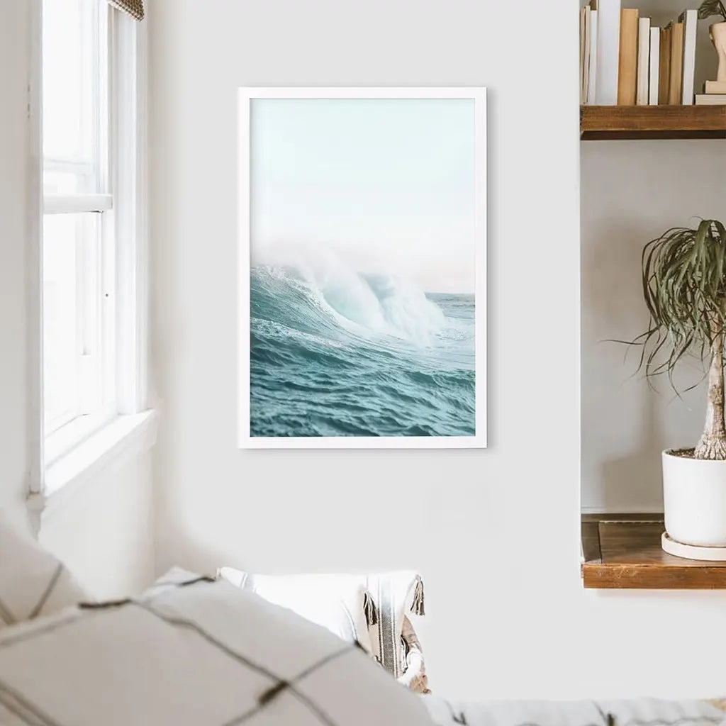 Pastel Large Blue Ocean Waves Print. Nautical Theme. White Frame