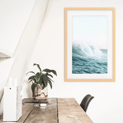 Pastel Large Blue Ocean Waves Print. Nautical Theme. Wood Frame with Mat