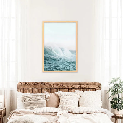 Pastel Large Blue Ocean Waves Print. Nautical Theme. Wood Frame