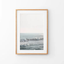 Load image into Gallery viewer, Pastel Blue Ocean Waves Print. Nautical Theme. Thin Wood Frame with Mat
