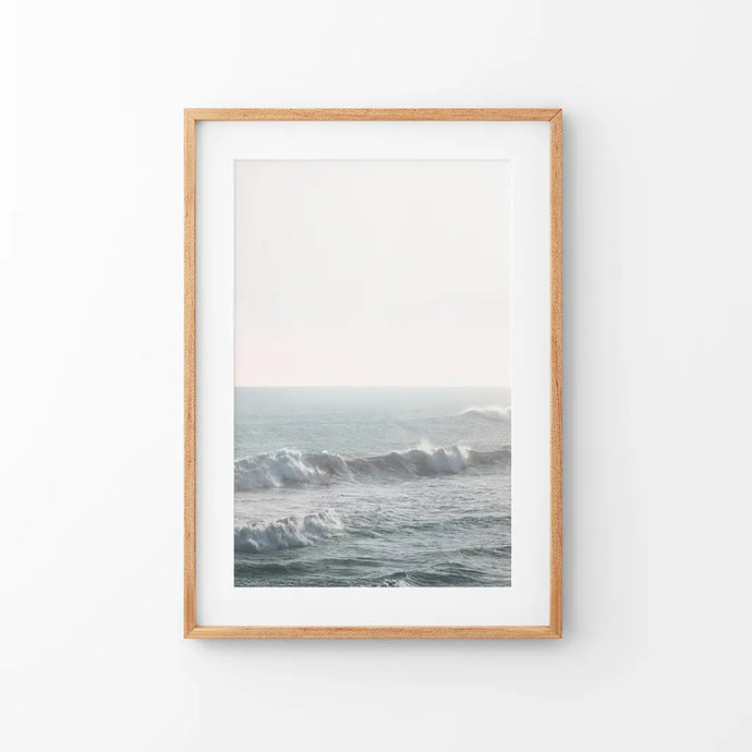Pastel Blue Ocean Waves Print. Nautical Theme. Thin Wood Frame with Mat