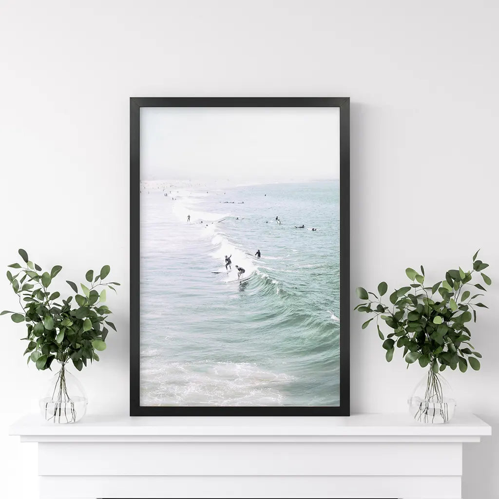 Pastel Miami Beach Print. Surfers and Ocean Waves. Black Frame