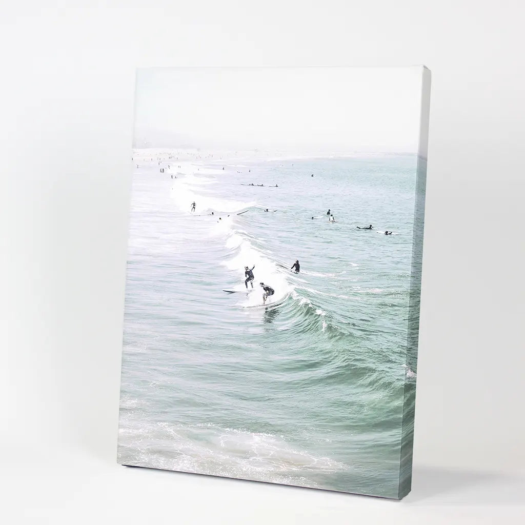 Pastel Miami Beach Print. Surfers and Ocean Waves. Canvas Print
