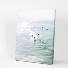 Load image into Gallery viewer, Pastel Miami Beach Print. Surfers and Ocean Waves. Canvas Print

