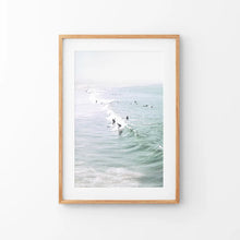 Load image into Gallery viewer, Pastel Miami Beach Print. Surfers and Ocean Waves. Thin Wood Frame with Mat
