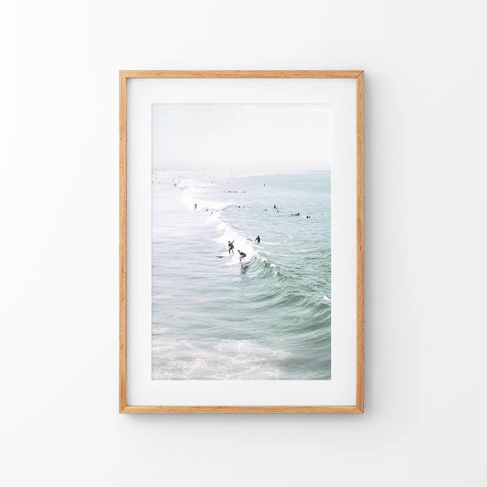 Pastel Miami Beach Print. Surfers and Ocean Waves. Thin Wood Frame with Mat