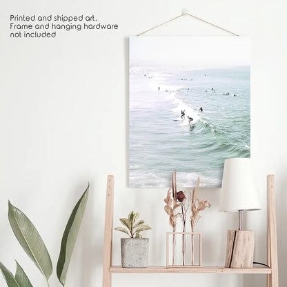Pastel Miami Beach Print. Surfers and Ocean Waves. Unframed Print