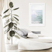 Load image into Gallery viewer, Pastel Miami Beach Print. Surfers and Ocean Waves. White Frame with Mat

