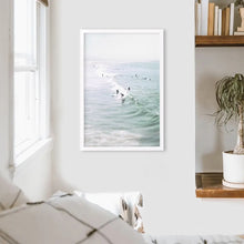 Load image into Gallery viewer, Pastel Miami Beach Print. Surfers and Ocean Waves. White Frame
