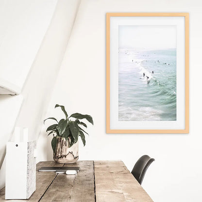Pastel Miami Beach Print. Surfers and Ocean Waves. Wood Frame with Mat