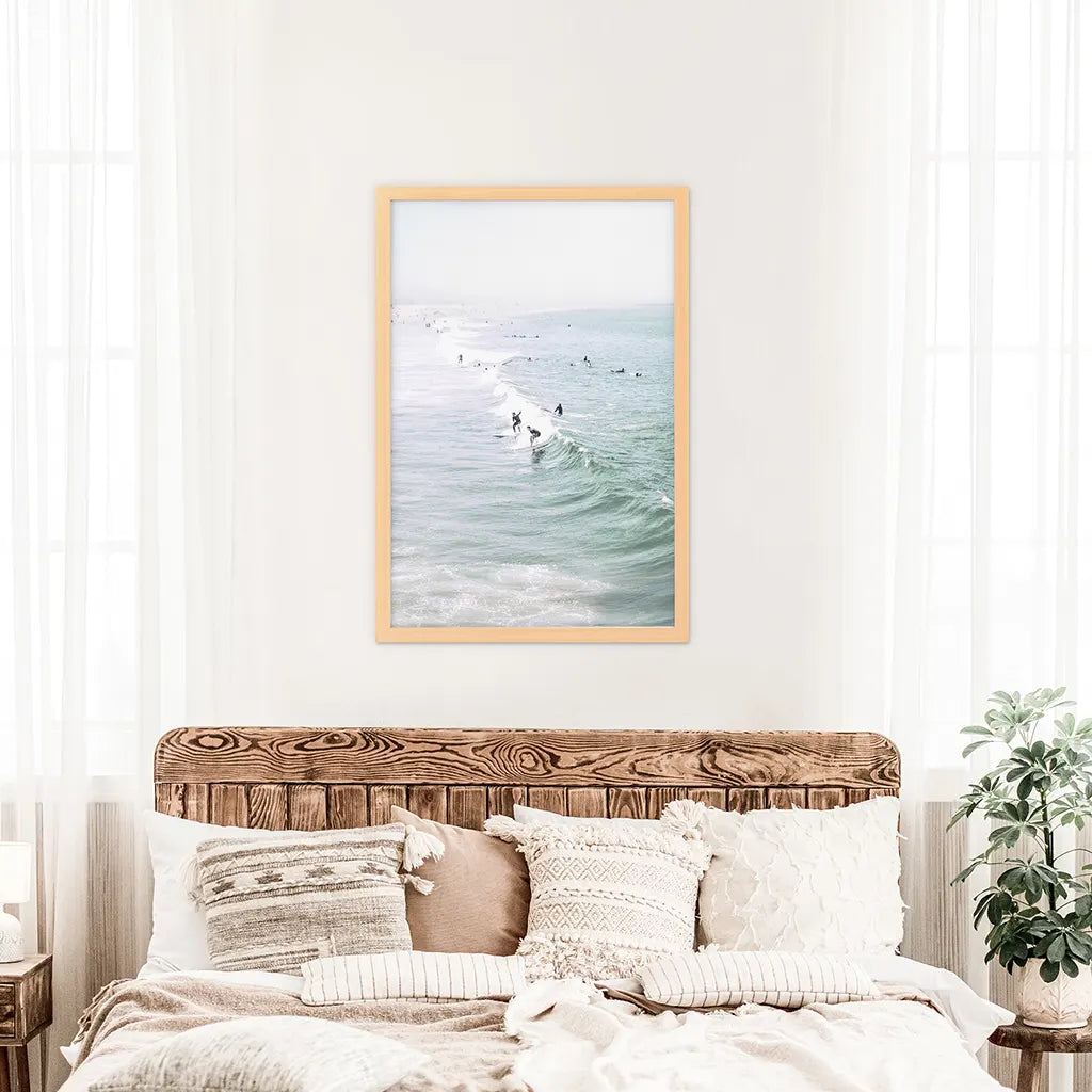 Pastel Miami Beach Print. Surfers and Ocean Waves. Wood Frame