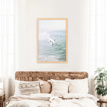 Load image into Gallery viewer, Pastel Miami Beach Print. Surfers and Ocean Waves. Wood Frame
