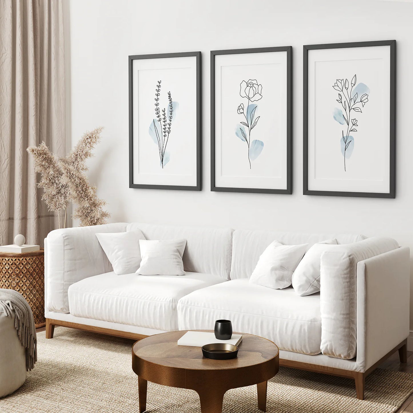 Botanical Line Art Set of 3 Pieces. Pastel Blue Flowers. Black Frame with Mat. Living Room