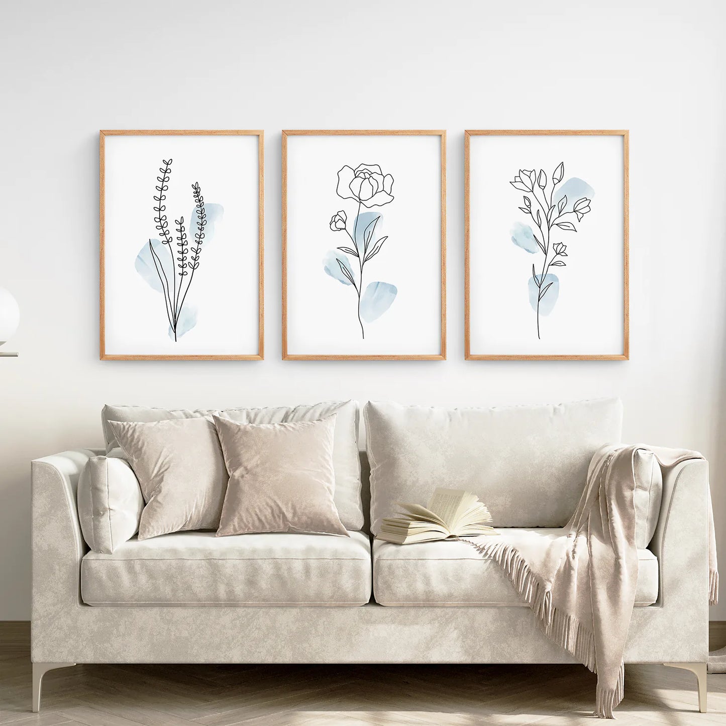 Botanical Line Art Set of 3 Pieces. Pastel Blue Flowers. Thinwood Frame. Living Room