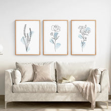 Load image into Gallery viewer, Botanical Line Art Set of 3 Pieces. Pastel Blue Flowers. Thinwood Frame. Living Room
