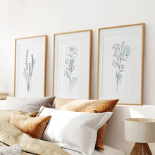 Load image into Gallery viewer, Botanical Line Art Set of 3 Pieces. Pastel Blue Flowers. Thinwood Frame with Mat. Bedroom
