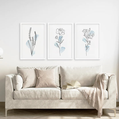 Botanical Line Art Set of 3 Pieces. Pastel Blue Flowers. White Frame. Living Room