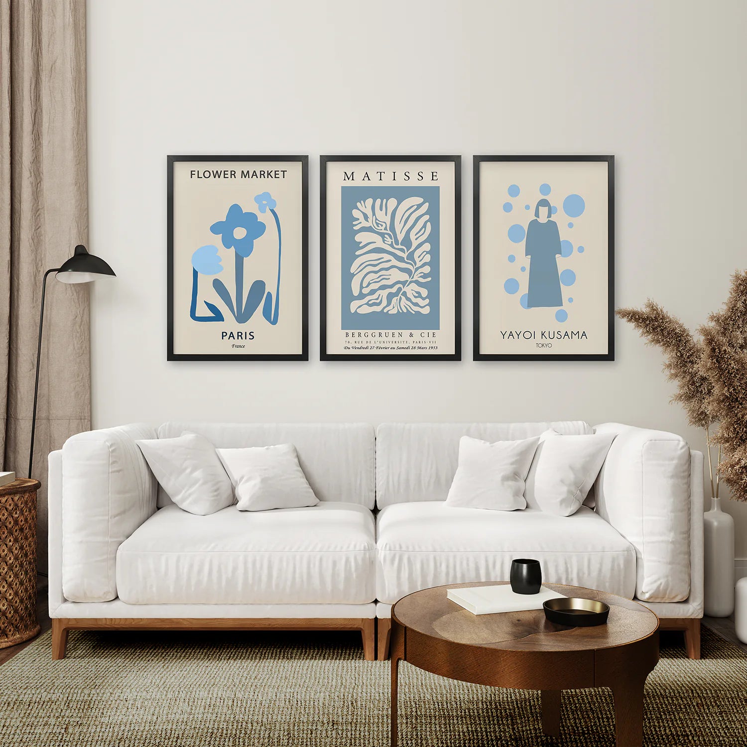 Modern Y2k Style Set of 3 Posters. Pastel Blue. Black Frame. Living Room