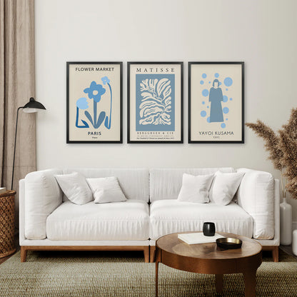 Modern Y2k Style Set of 3 Posters. Pastel Blue. Black Frame. Living Room