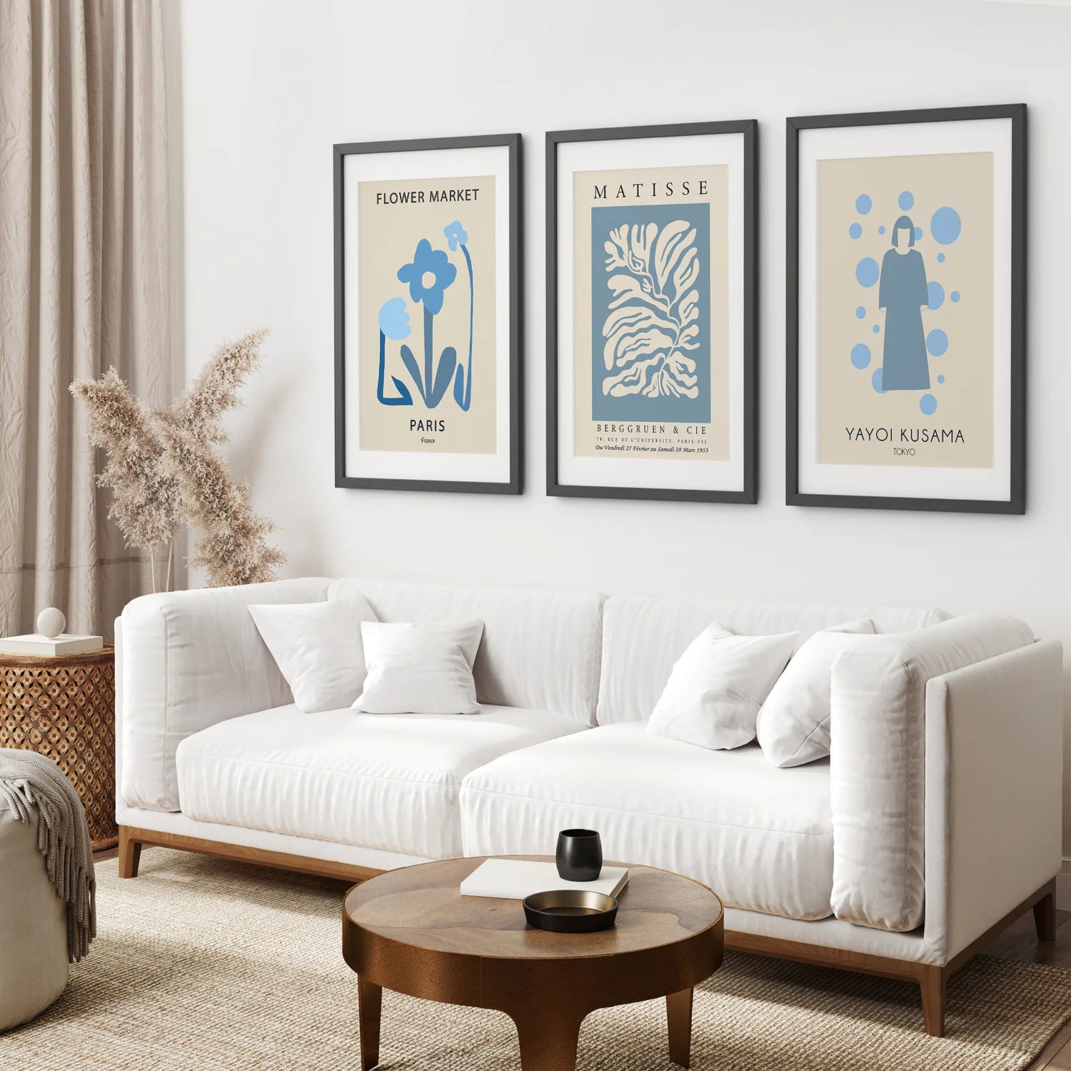 Modern Y2k Style Set of 3 Posters. Pastel Blue. Black Frame with Mat. Living Room