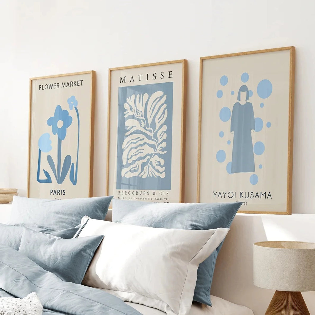 Modern Y2k Style Set of 3 Posters. Pastel Blue. Thinwood Frame. Bedroom