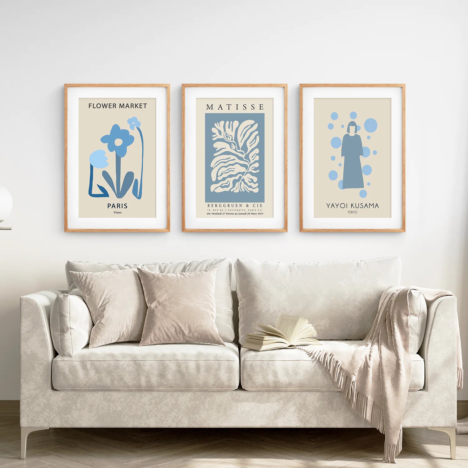 Modern Y2k Style Set of 3 Posters. Pastel Blue. Thinwood Frame with Mat. Living Room