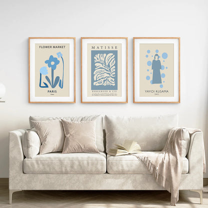 Modern Y2k Style Set of 3 Posters. Pastel Blue. Thinwood Frame with Mat. Living Room