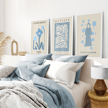 Modern Y2k Style Set of 3 Posters. Pastel Blue. White Frame. Bedroom