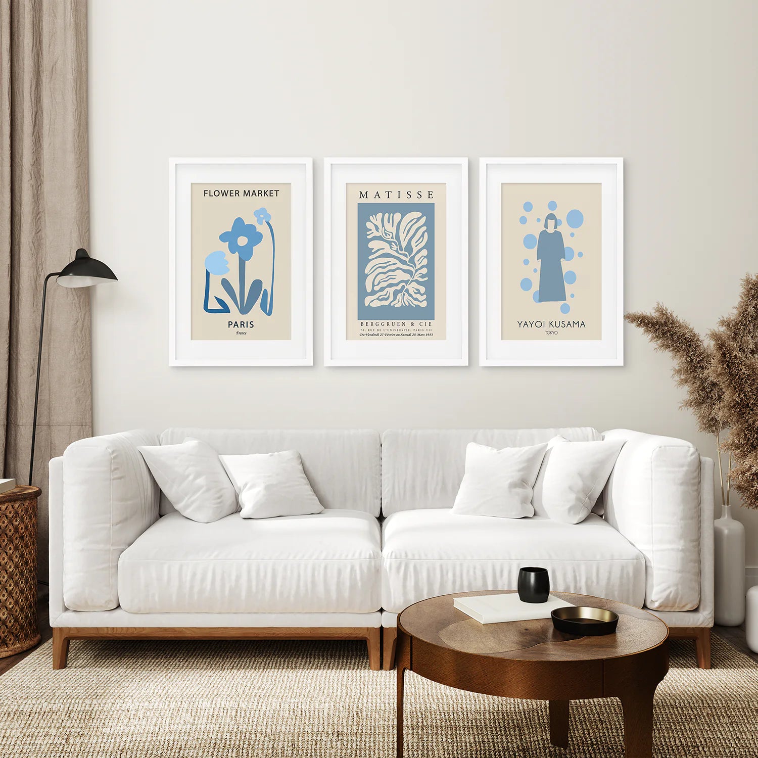 Modern Y2k Style Set of 3 Posters. Pastel Blue. White Frame with Mat. Living Room
