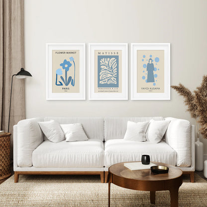 Modern Y2k Style Set of 3 Posters. Pastel Blue. White Frame with Mat. Living Room