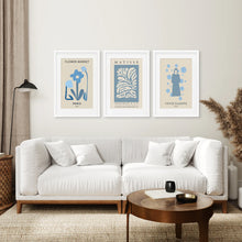 Load image into Gallery viewer, Modern Y2k Style Set of 3 Posters. Pastel Blue. White Frame with Mat. Living Room
