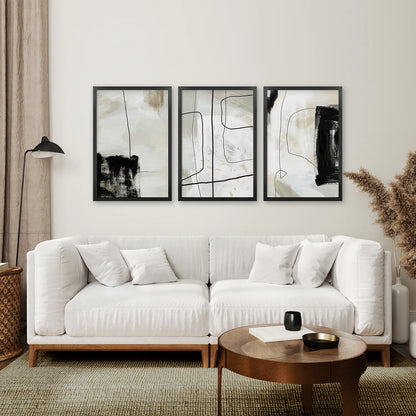 3 Piece Nordic Abstract Line Art Set. Brush Strokes. Black Frame. Living Room