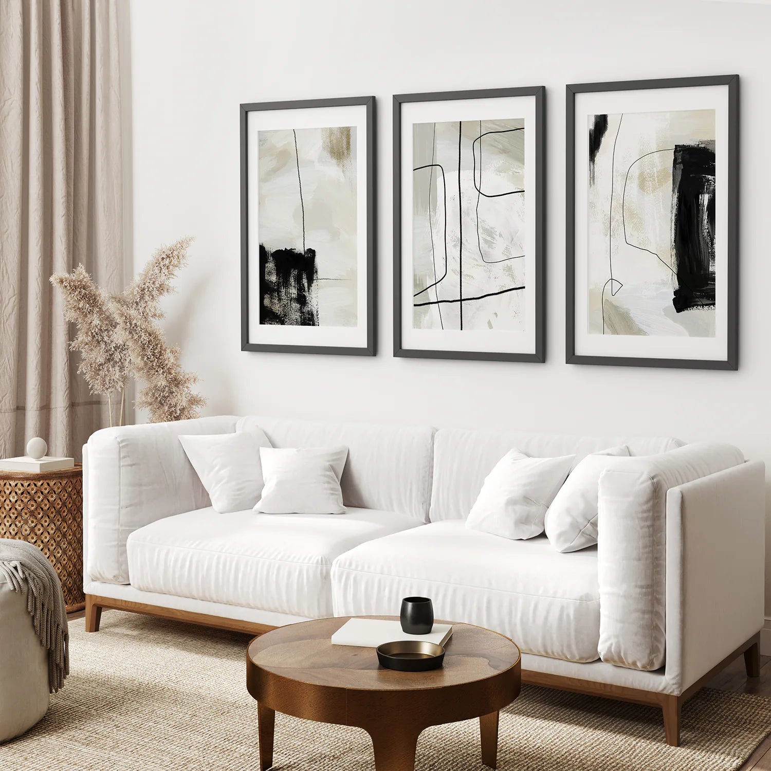 3 Piece Nordic Abstract Line Art Set. Brush Strokes. Black Frame with Mat. Living Room