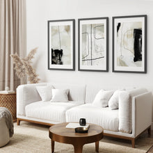 Load image into Gallery viewer, 3 Piece Nordic Abstract Line Art Set. Brush Strokes. Black Frame with Mat. Living Room
