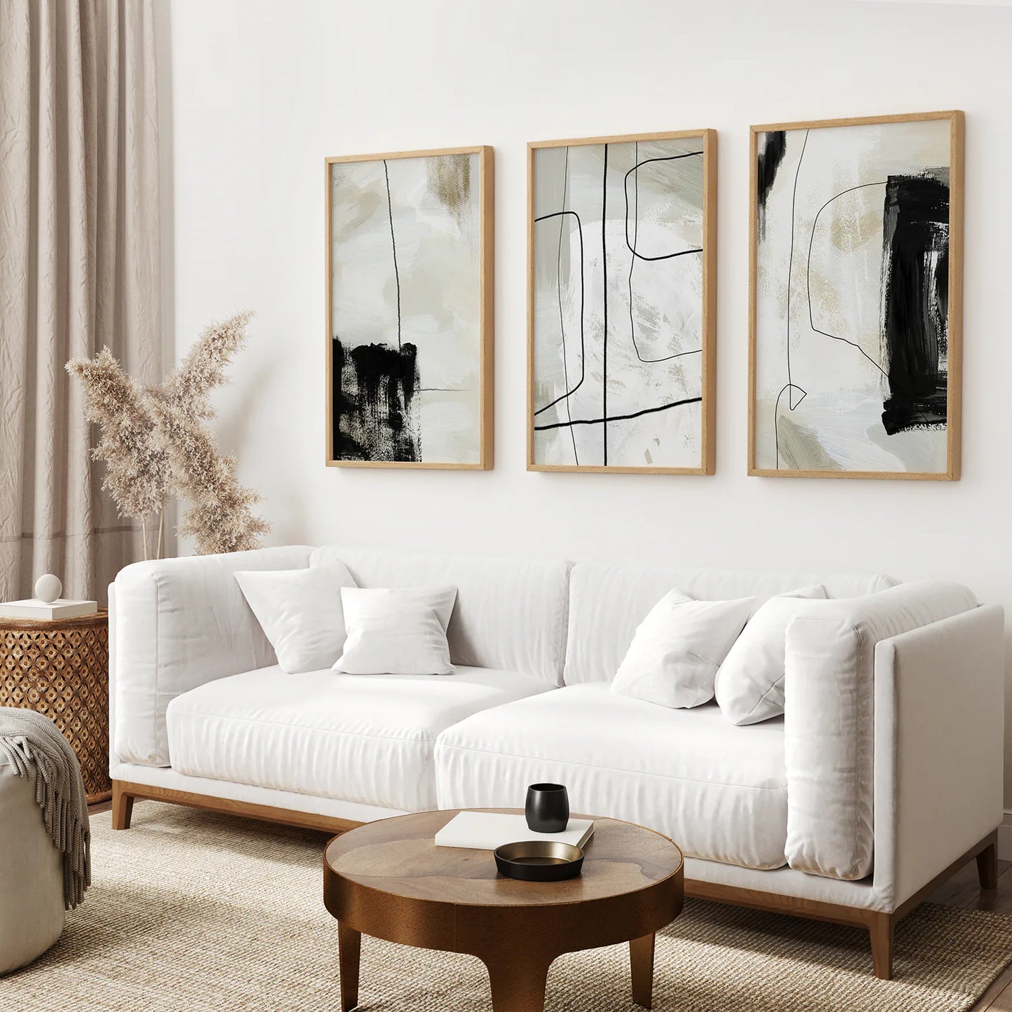 3 Piece Nordic Abstract Line Art Set. Brush Strokes. Thinwood Frame. Living Room