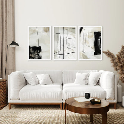 3 Piece Nordic Abstract Line Art Set. Brush Strokes. White Frame. Living Room