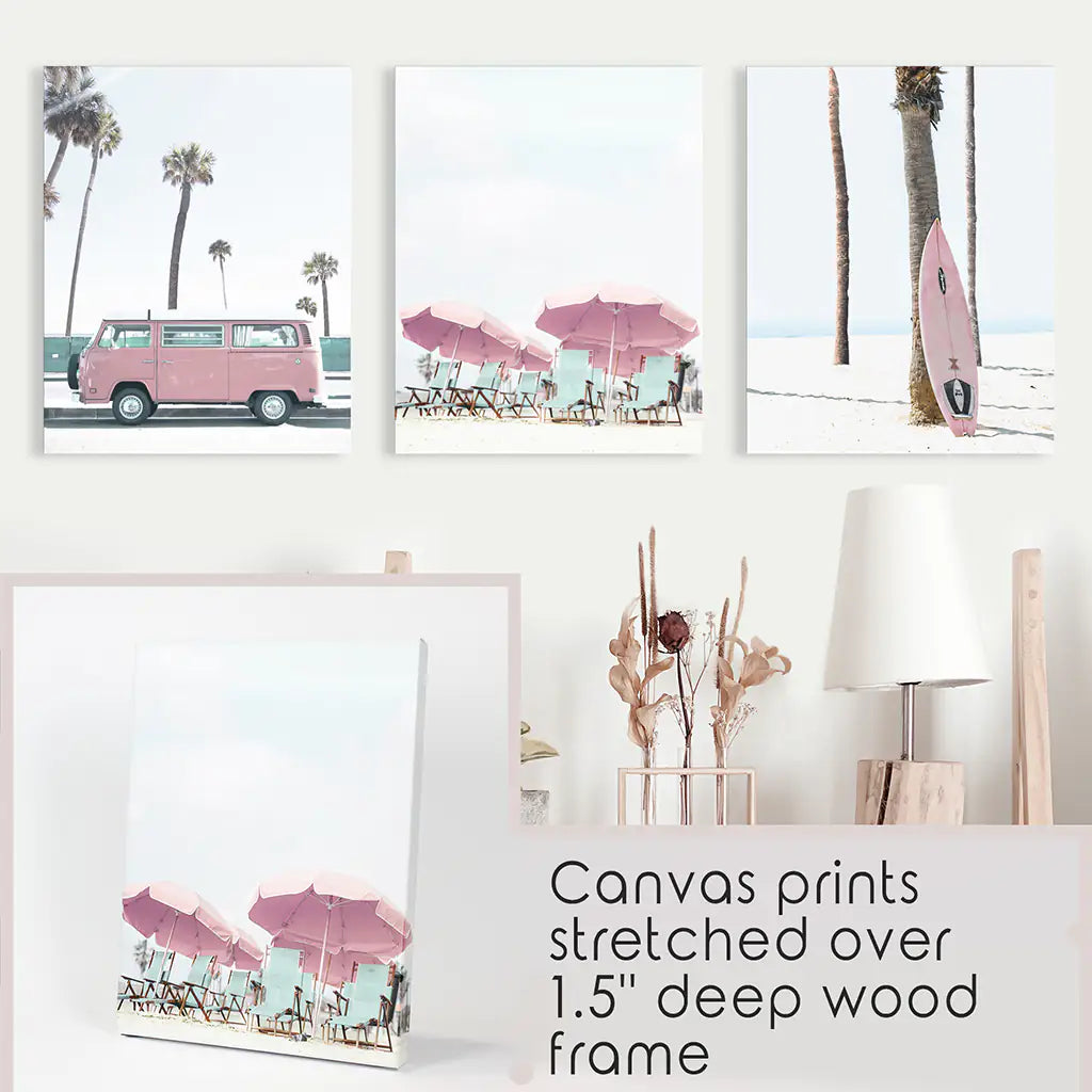 Girl's Nursery Beach Wall Art. Pink Surfboard, Bus, Umbrella