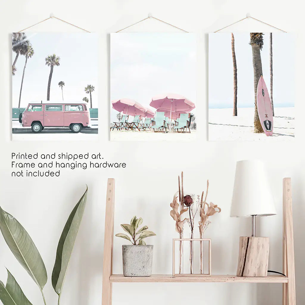 Girl's Nursery Beach Wall Art. Pink Surfboard, Bus, Umbrella