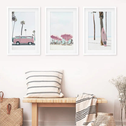 Girl's Nursery Beach Wall Art. Pink Surfboard, Bus, Umbrella