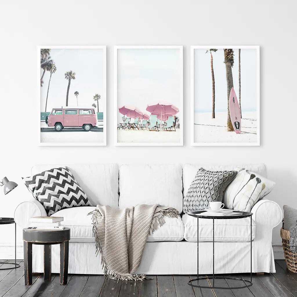 Girl's Nursery Beach Wall Art. Pink Surfboard, Bus, Umbrella