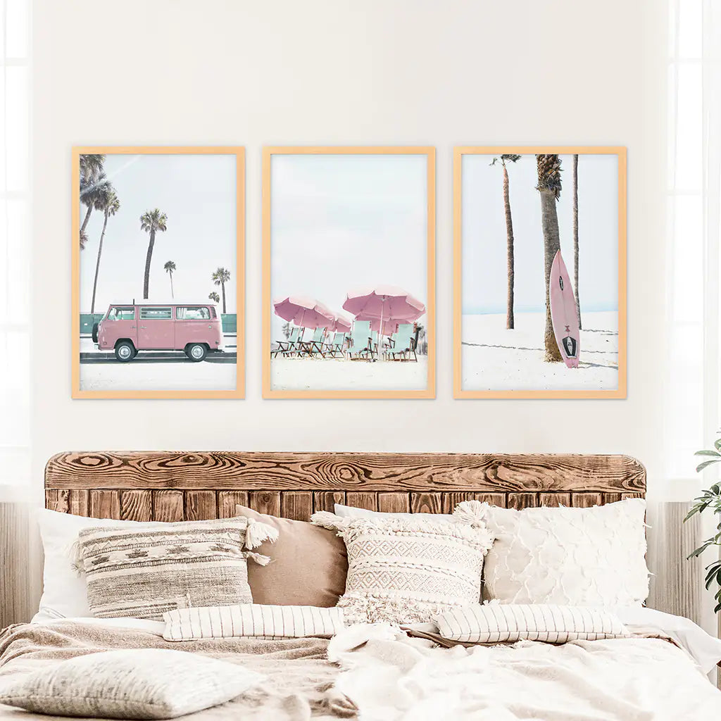 Girl's Nursery Beach Wall Art. Pink Surfboard, Bus, Umbrella