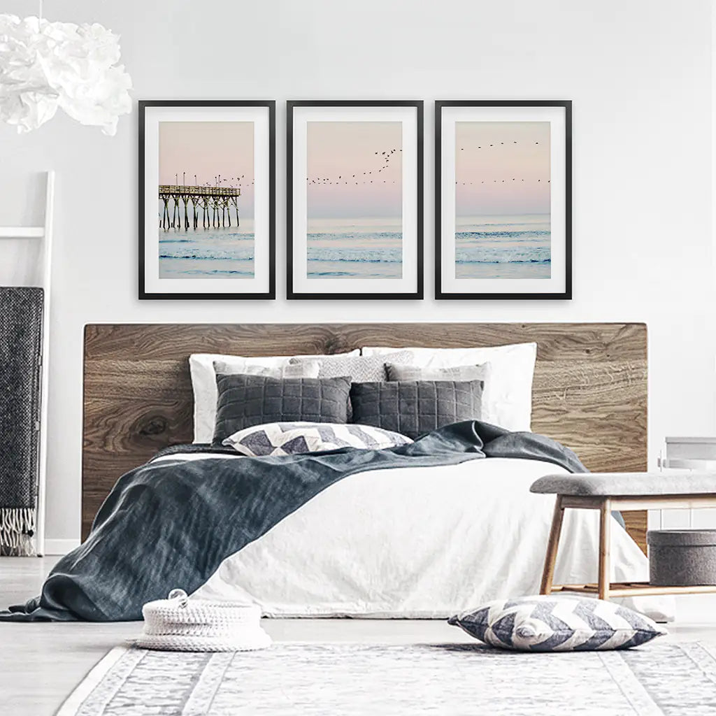 Ocean Sunset Photography with a Pier and Seagulls. Set of 3 Prints. Black Frames with Mat