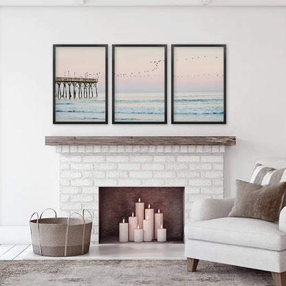 Ocean Sunset Photography with a Pier and Seagulls. Set of 3 Prints. Black Frames