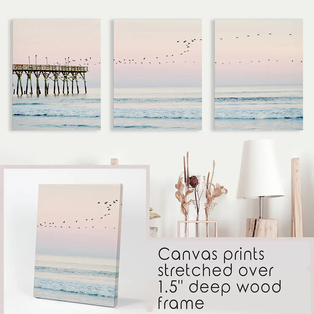 Ocean Sunset Photography with a Pier and Seagulls. Set of 3 Prints. Wrapped Canvas