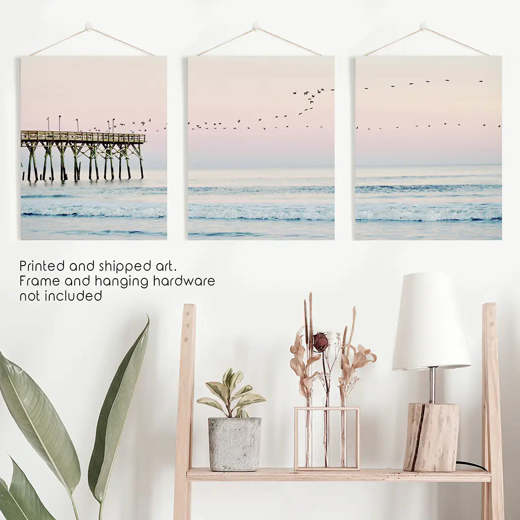 Ocean Sunset Photography with a Pier and Seagulls. Set of 3 Prints. Unfamed Art